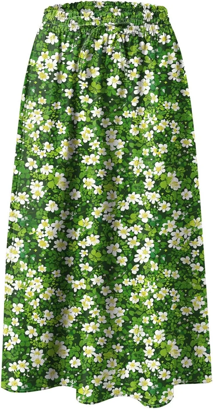 Rvidbe Midi Skirt for Women Drawstring High Waisted Floral Printed Skirts with Pockets Below Knee Pleated Flowy Beach Skirts