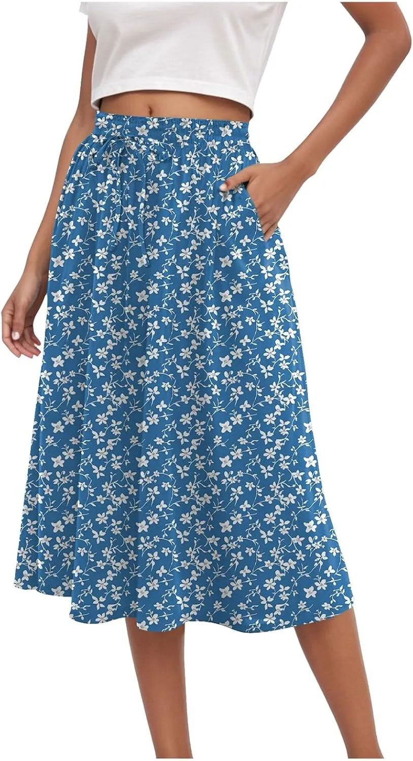 Rvidbe Midi Skirt for Women Drawstring High Waisted Floral Printed Skirts with Pockets Below Knee Pleated Flowy Beach Skirts