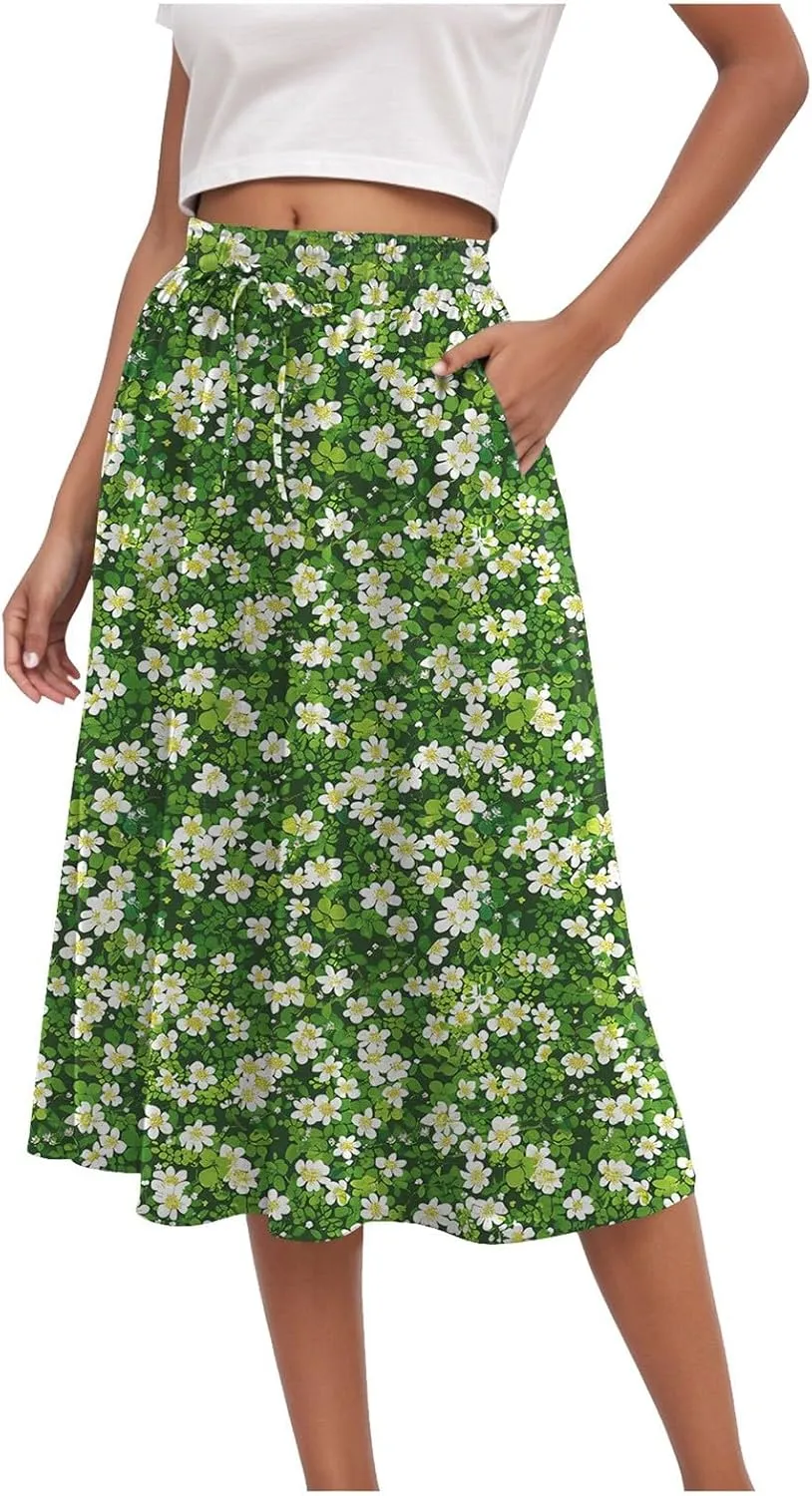 Rvidbe Midi Skirt for Women Drawstring High Waisted Floral Printed Skirts with Pockets Below Knee Pleated Flowy Beach Skirts