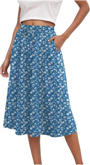 Rvidbe Midi Skirt for Women Drawstring High Waisted Floral Printed Skirts with Pockets Below Knee Pleated Flowy Beach Skirts