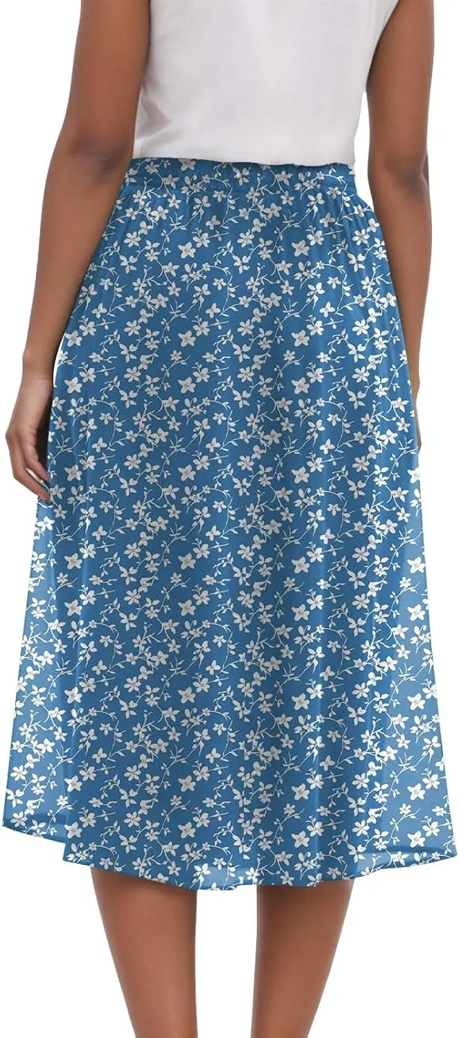 Rvidbe Midi Skirt for Women Drawstring High Waisted Floral Printed Skirts with Pockets Below Knee Pleated Flowy Beach Skirts