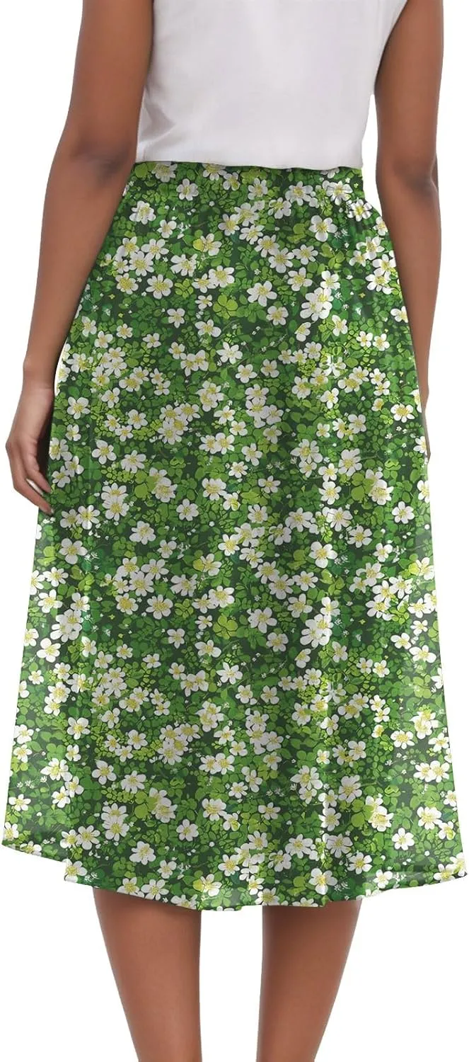 Rvidbe Midi Skirt for Women Drawstring High Waisted Floral Printed Skirts with Pockets Below Knee Pleated Flowy Beach Skirts