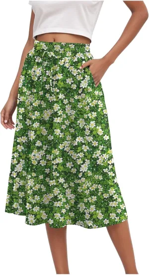 Rvidbe Midi Skirt for Women Drawstring High Waisted Floral Printed Skirts with Pockets Below Knee Pleated Flowy Beach Skirts