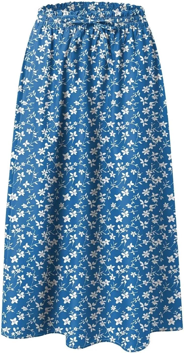 Rvidbe Midi Skirt for Women Drawstring High Waisted Floral Printed Skirts with Pockets Below Knee Pleated Flowy Beach Skirts