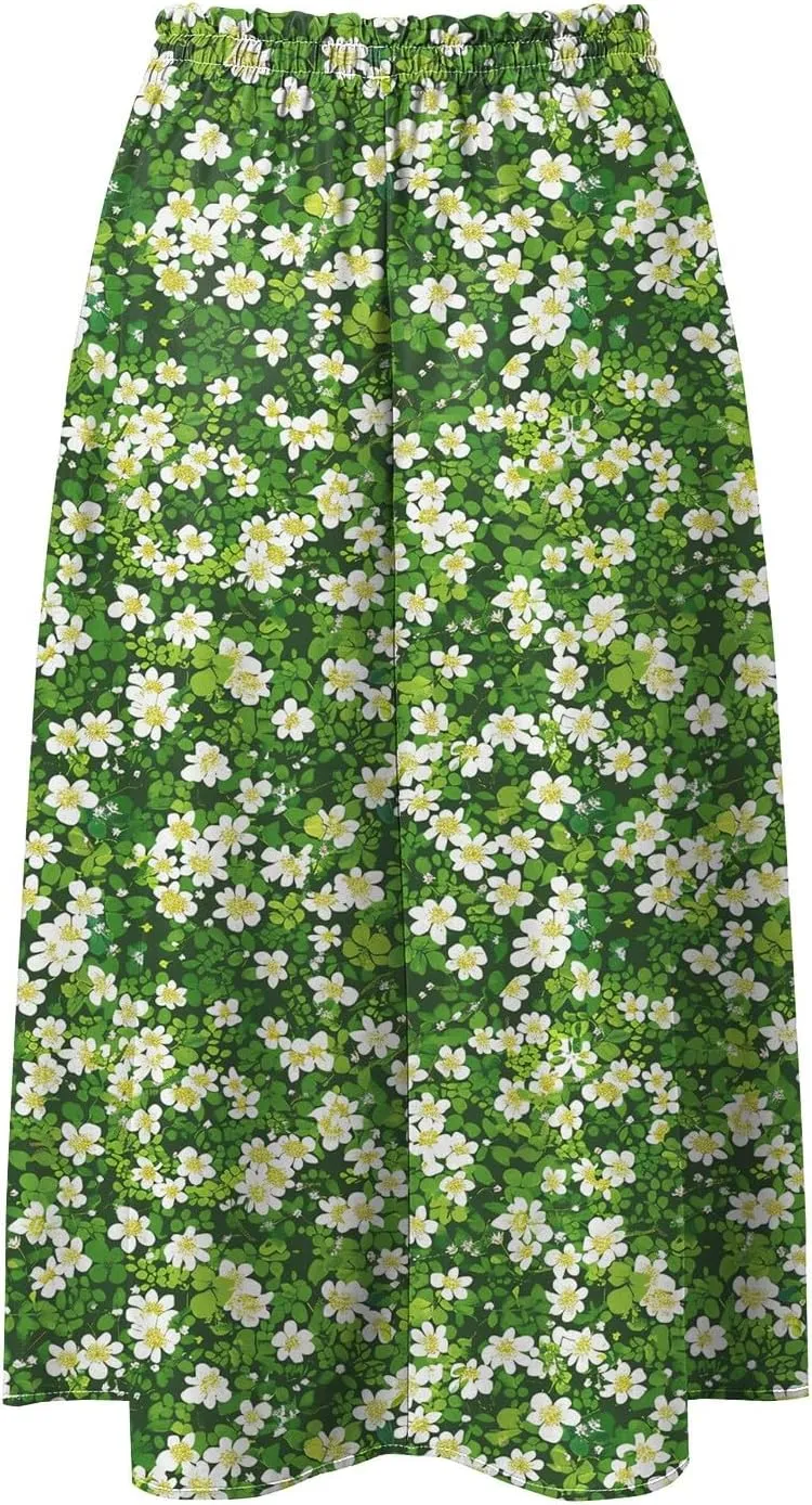 Rvidbe Midi Skirt for Women Drawstring High Waisted Floral Printed Skirts with Pockets Below Knee Pleated Flowy Beach Skirts