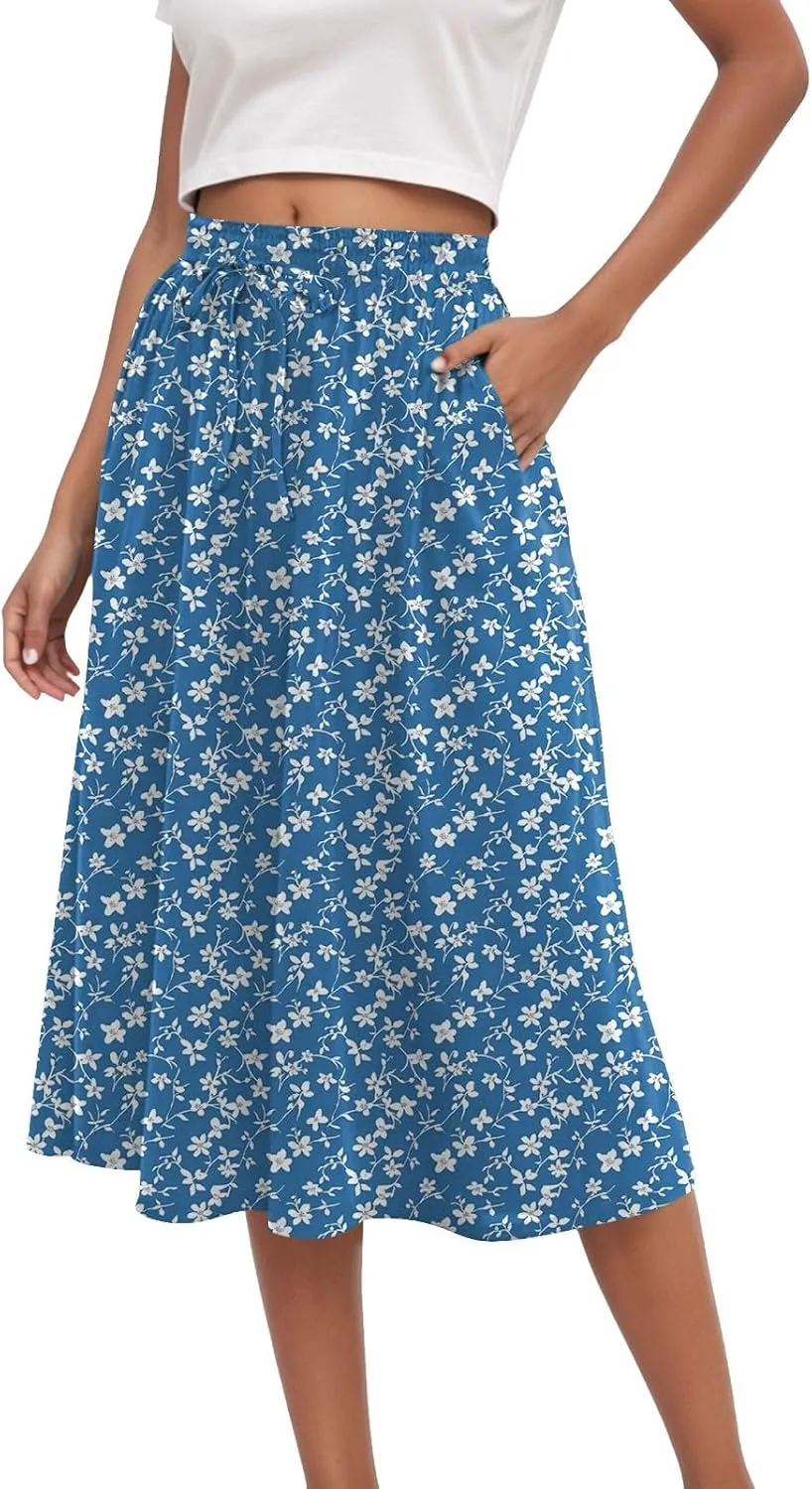 Rvidbe Midi Skirt for Women Drawstring High Waisted Floral Printed Skirts with Pockets Below Knee Pleated Flowy Beach Skirts
