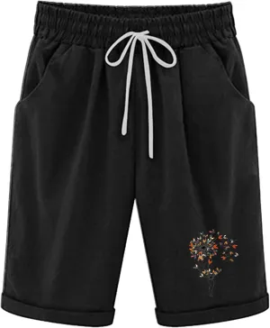 Rvidbe Womens Bermuda Shorts with Pockets High Waisted Casual Trendy Loose Cotton Shorts Elastic Waist Walking Long Shorts Bermuda Shorts for Women Knee Length Bermuda Shorts for Women Stretchy Black