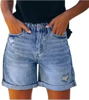 Rvidbe Womens Jean Shorts Juniors Casual Summer Mid Waisted Stretchy Rolled Hem Tassels Denim Shorts with Pockets Womens Denim Shorts Womens Jean Shorts High Waisted