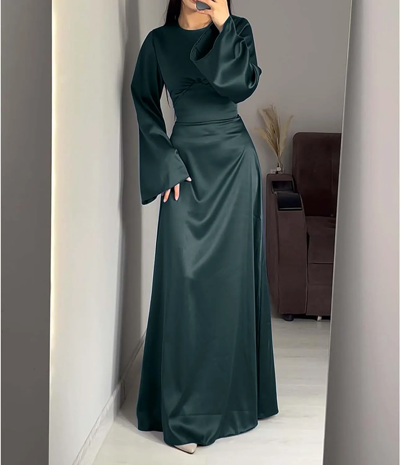 Satin Wedding Guest Dresses for Women Elegant Flared Sleeve Trendy Dress Infinity Fitted Outfits Comfy Suit Slimming