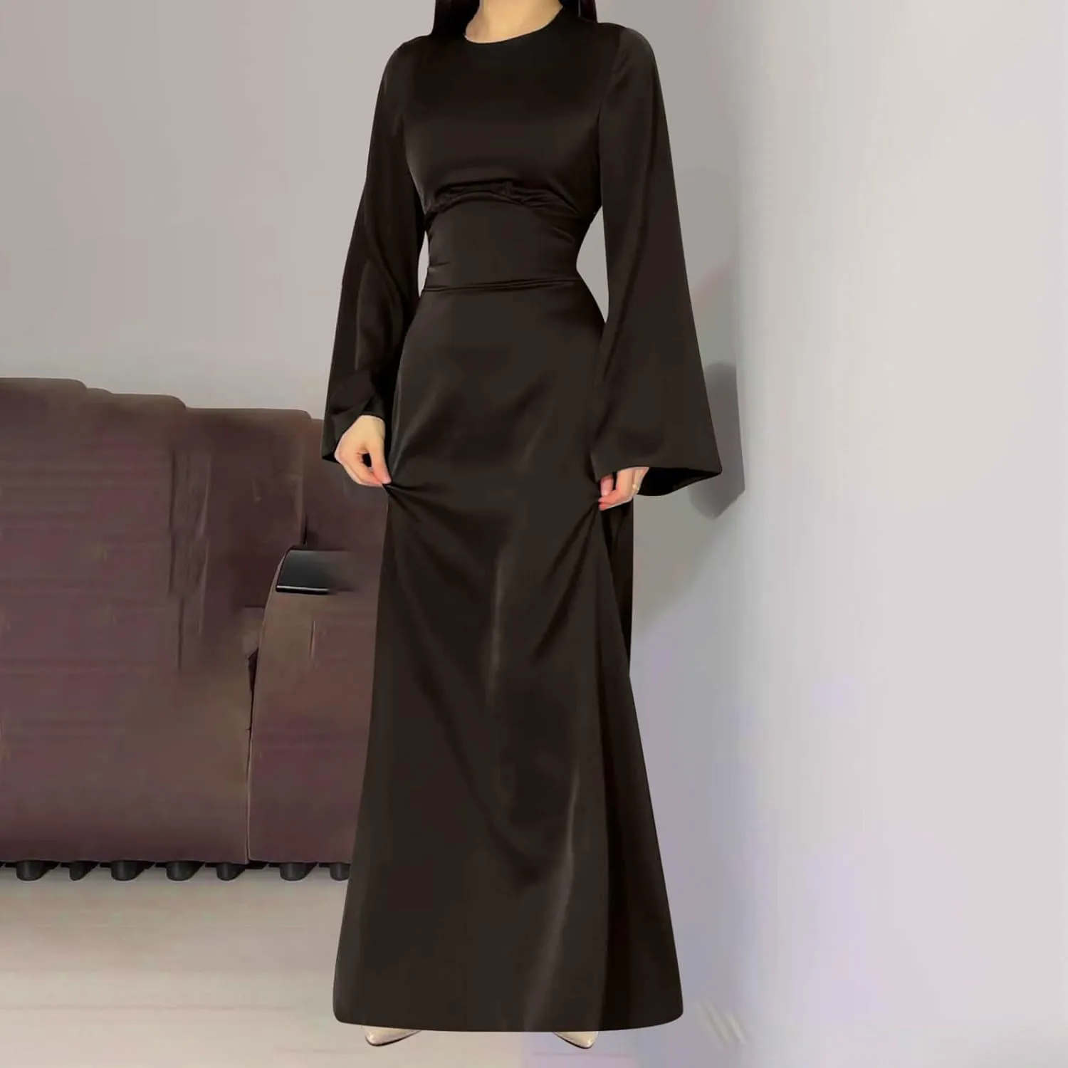 Satin Wedding Guest Dresses for Women Elegant Flared Sleeve Trendy Dress Infinity Fitted Outfits Comfy Suit Slimming