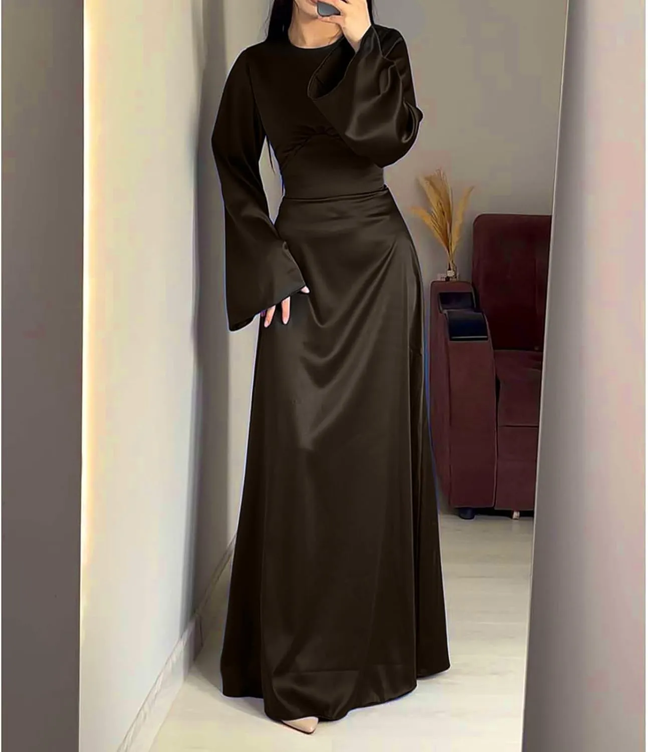 Satin Wedding Guest Dresses for Women Elegant Flared Sleeve Trendy Dress Infinity Fitted Outfits Comfy Suit Slimming