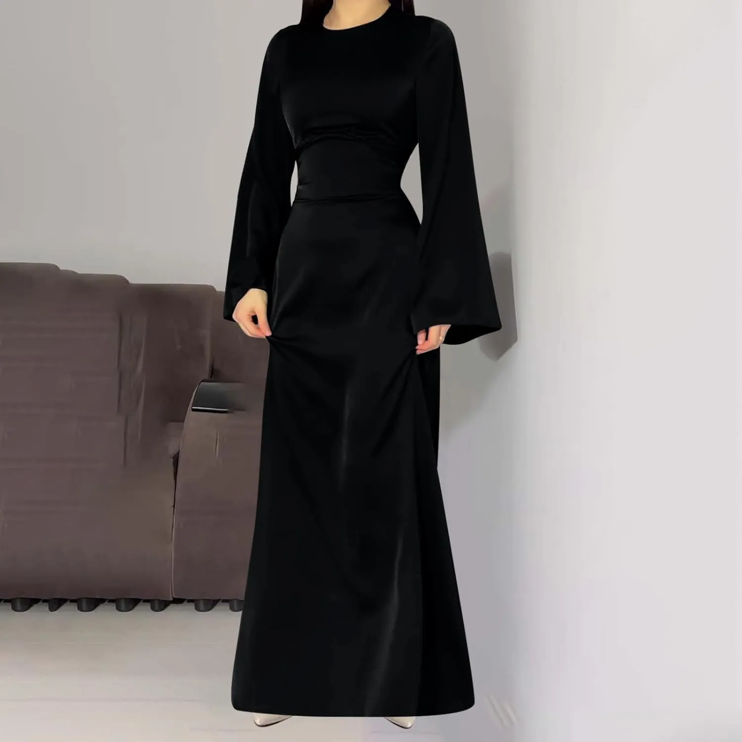 Satin Wedding Guest Dresses for Women Elegant Flared Sleeve Trendy Dress Infinity Fitted Outfits Comfy Suit Slimming