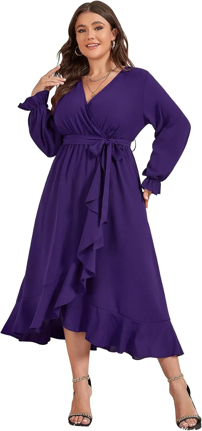 SCOMCHIC Women Plus Size Wedding Guest Maxi Dress Long Sleeve Faux Wrap V Neck High Low Ruffle Cocktail Dress with Belt