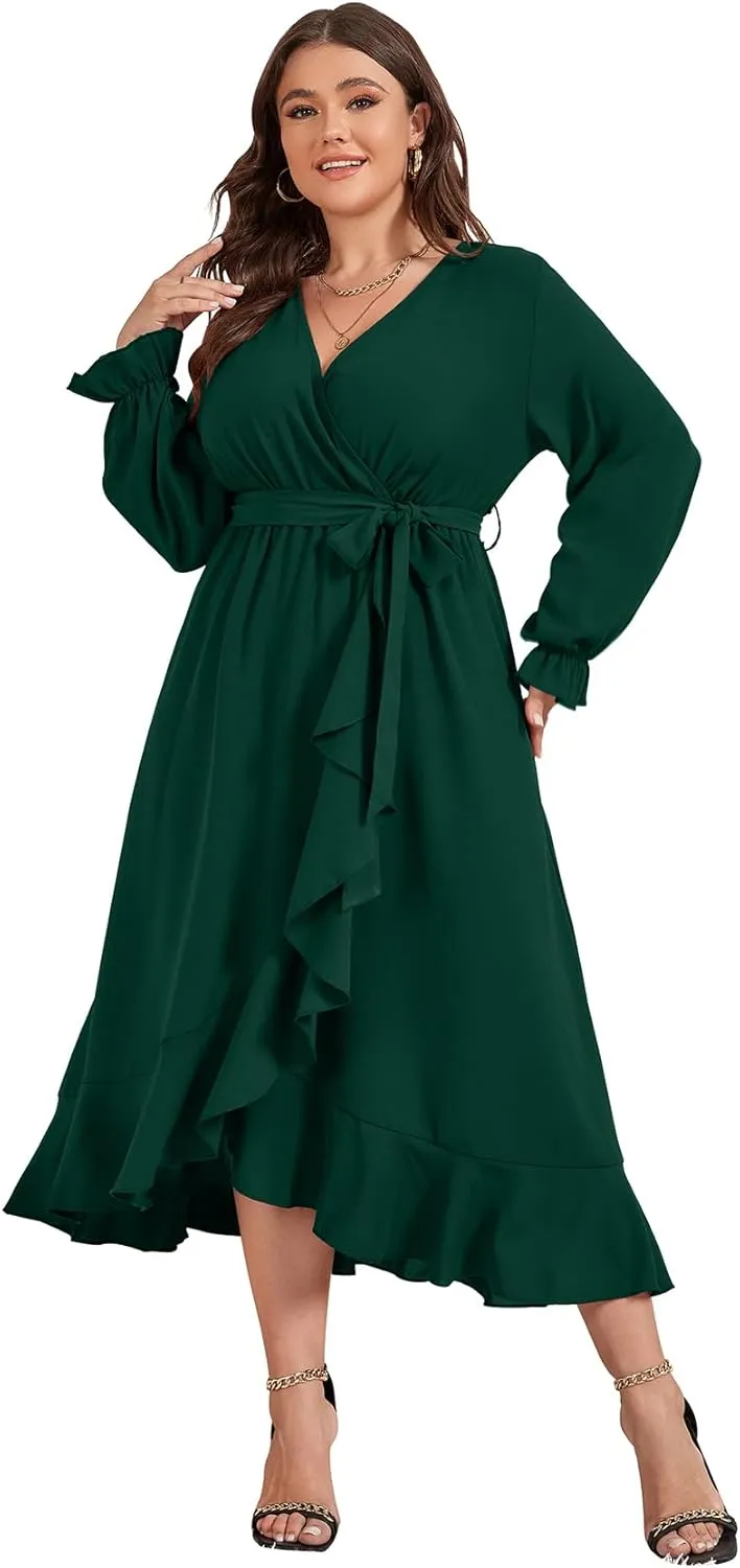 SCOMCHIC Women Plus Size Wedding Guest Maxi Dress Long Sleeve Faux Wrap V Neck High Low Ruffle Cocktail Dress with Belt