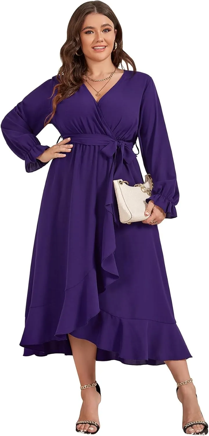 SCOMCHIC Women Plus Size Wedding Guest Maxi Dress Long Sleeve Faux Wrap V Neck High Low Ruffle Cocktail Dress with Belt