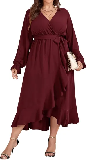 SCOMCHIC Women Plus Size Wedding Guest Maxi Dress Long Sleeve Faux Wrap V Neck High Low Ruffle Cocktail Dress with Belt