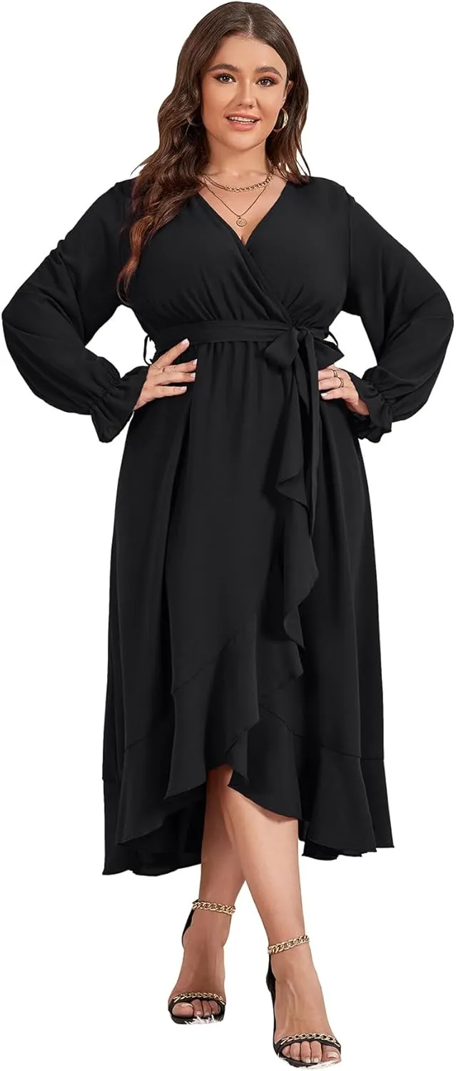 SCOMCHIC Women Plus Size Wedding Guest Maxi Dress Long Sleeve Faux Wrap V Neck High Low Ruffle Cocktail Dress with Belt