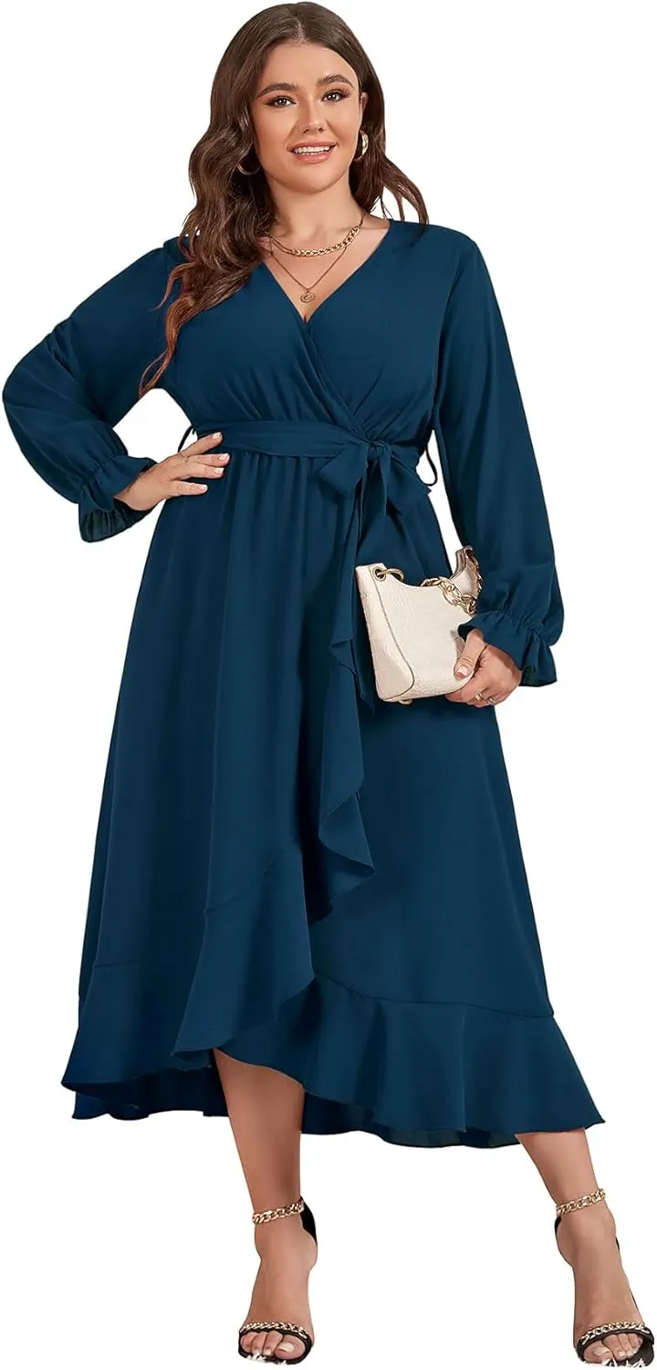 SCOMCHIC Women Plus Size Wedding Guest Maxi Dress Long Sleeve Faux Wrap V Neck High Low Ruffle Cocktail Dress with Belt