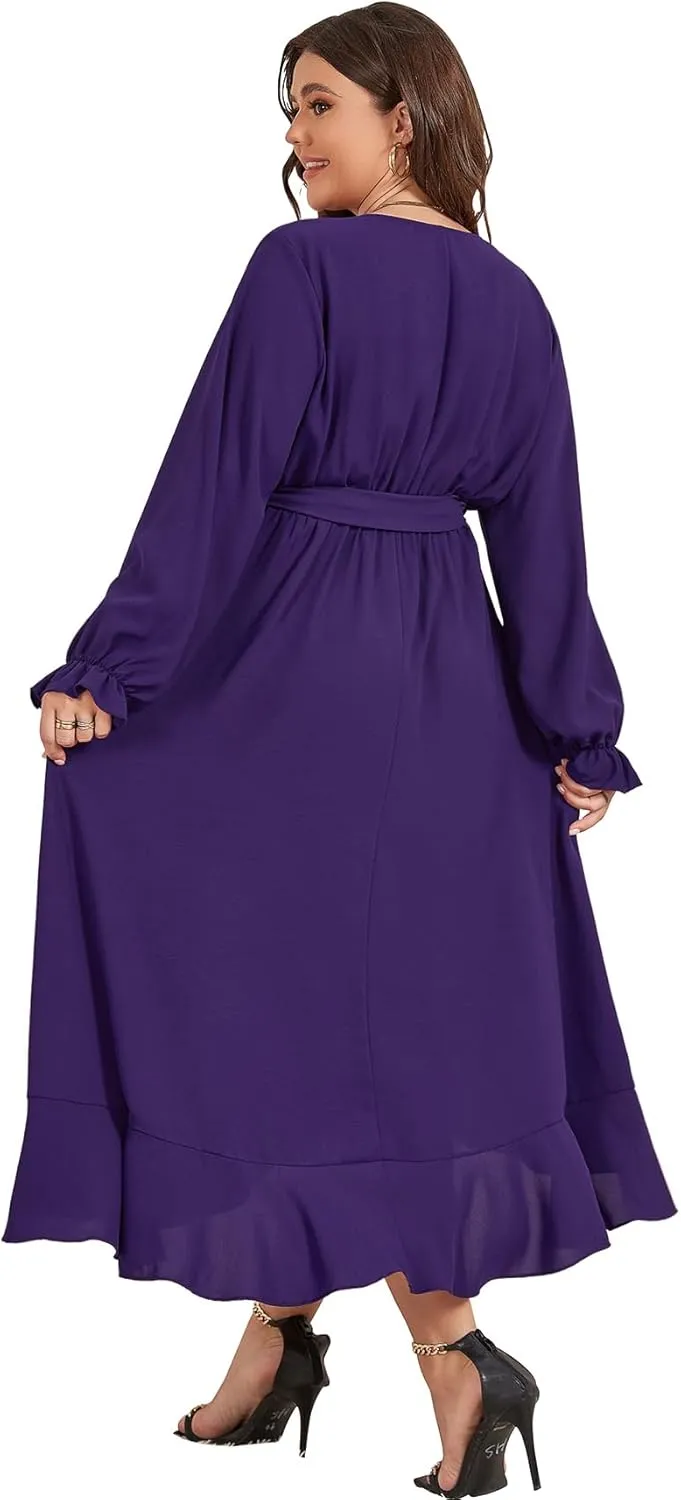 SCOMCHIC Women Plus Size Wedding Guest Maxi Dress Long Sleeve Faux Wrap V Neck High Low Ruffle Cocktail Dress with Belt