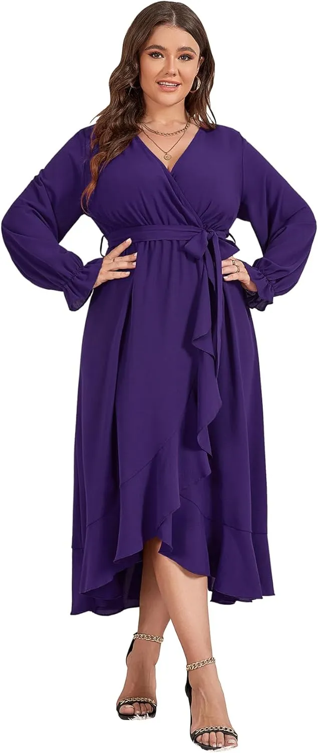 SCOMCHIC Women Plus Size Wedding Guest Maxi Dress Long Sleeve Faux Wrap V Neck High Low Ruffle Cocktail Dress with Belt