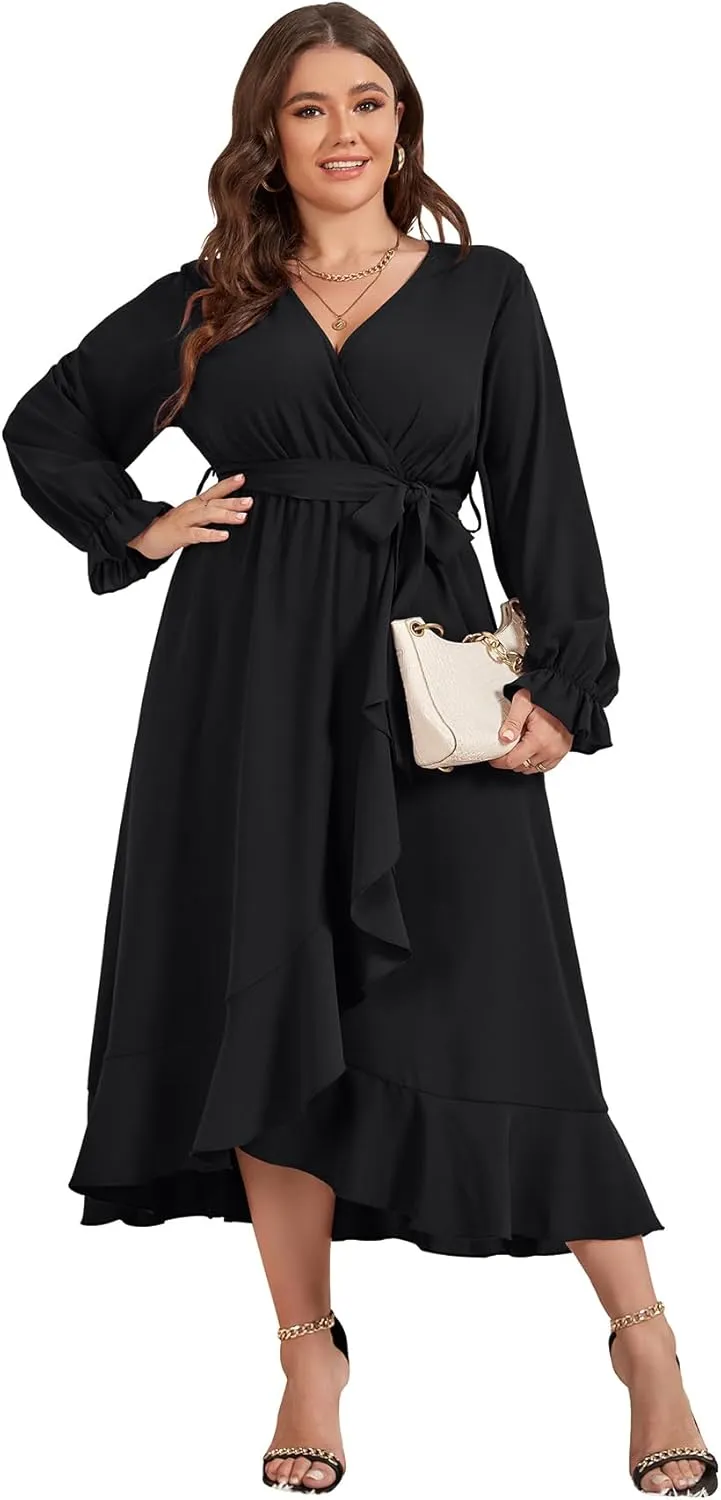 SCOMCHIC Women Plus Size Wedding Guest Maxi Dress Long Sleeve Faux Wrap V Neck High Low Ruffle Cocktail Dress with Belt