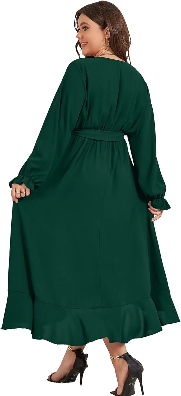 SCOMCHIC Women Plus Size Wedding Guest Maxi Dress Long Sleeve Faux Wrap V Neck High Low Ruffle Cocktail Dress with Belt