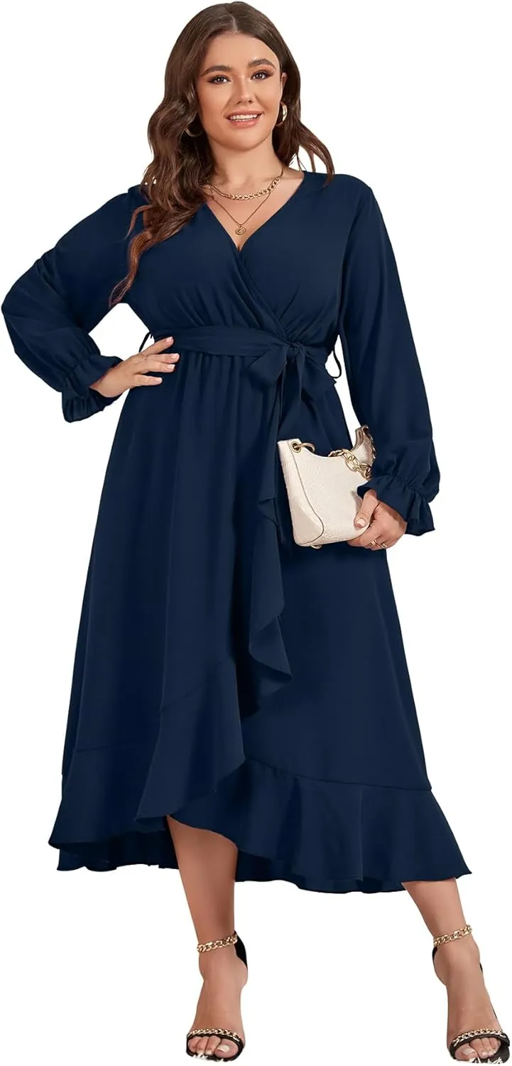 SCOMCHIC Women Plus Size Wedding Guest Maxi Dress Long Sleeve Faux Wrap V Neck High Low Ruffle Cocktail Dress with Belt