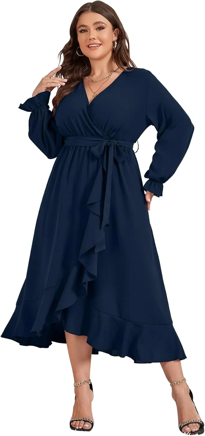 SCOMCHIC Women Plus Size Wedding Guest Maxi Dress Long Sleeve Faux Wrap V Neck High Low Ruffle Cocktail Dress with Belt