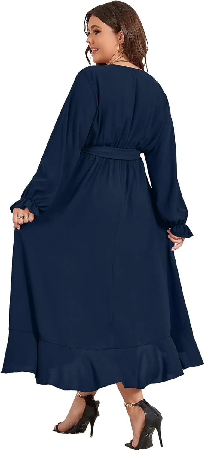 SCOMCHIC Women Plus Size Wedding Guest Maxi Dress Long Sleeve Faux Wrap V Neck High Low Ruffle Cocktail Dress with Belt