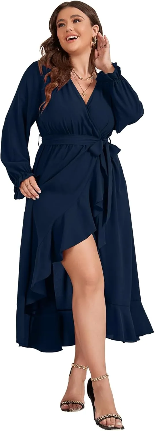 SCOMCHIC Women Plus Size Wedding Guest Maxi Dress Long Sleeve Faux Wrap V Neck High Low Ruffle Cocktail Dress with Belt