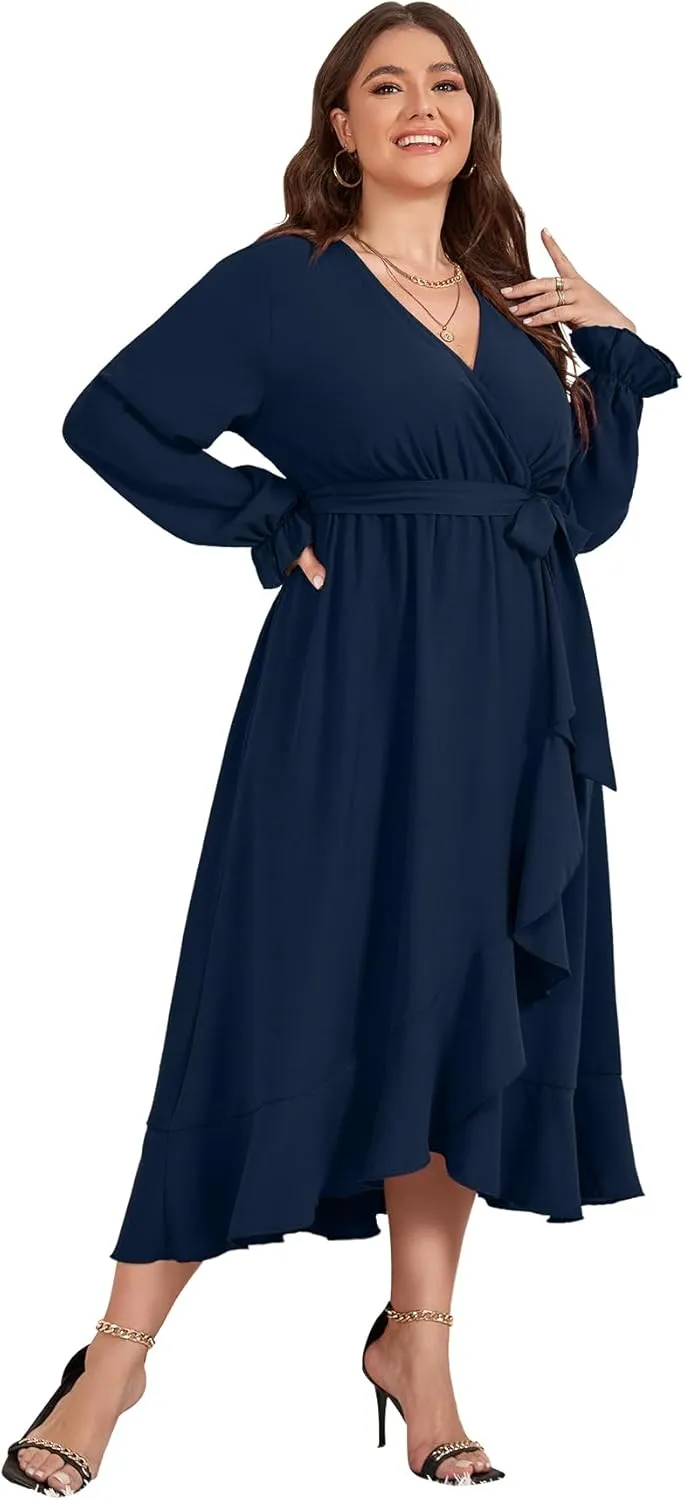 SCOMCHIC Women Plus Size Wedding Guest Maxi Dress Long Sleeve Faux Wrap V Neck High Low Ruffle Cocktail Dress with Belt