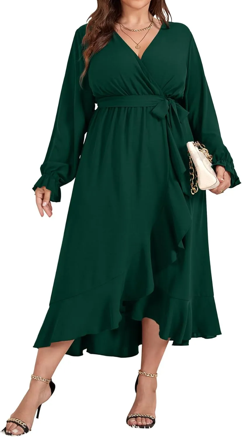 SCOMCHIC Women Plus Size Wedding Guest Maxi Dress Long Sleeve Faux Wrap V Neck High Low Ruffle Cocktail Dress with Belt
