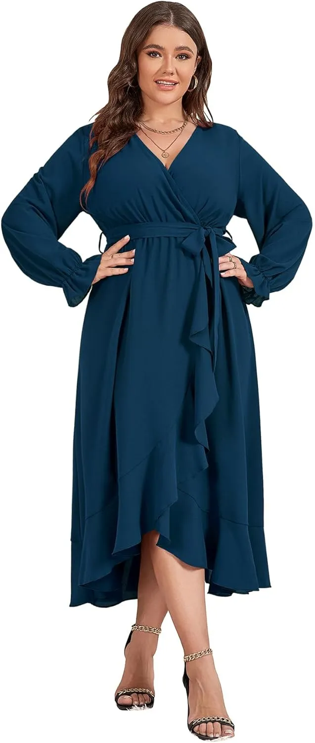 SCOMCHIC Women Plus Size Wedding Guest Maxi Dress Long Sleeve Faux Wrap V Neck High Low Ruffle Cocktail Dress with Belt