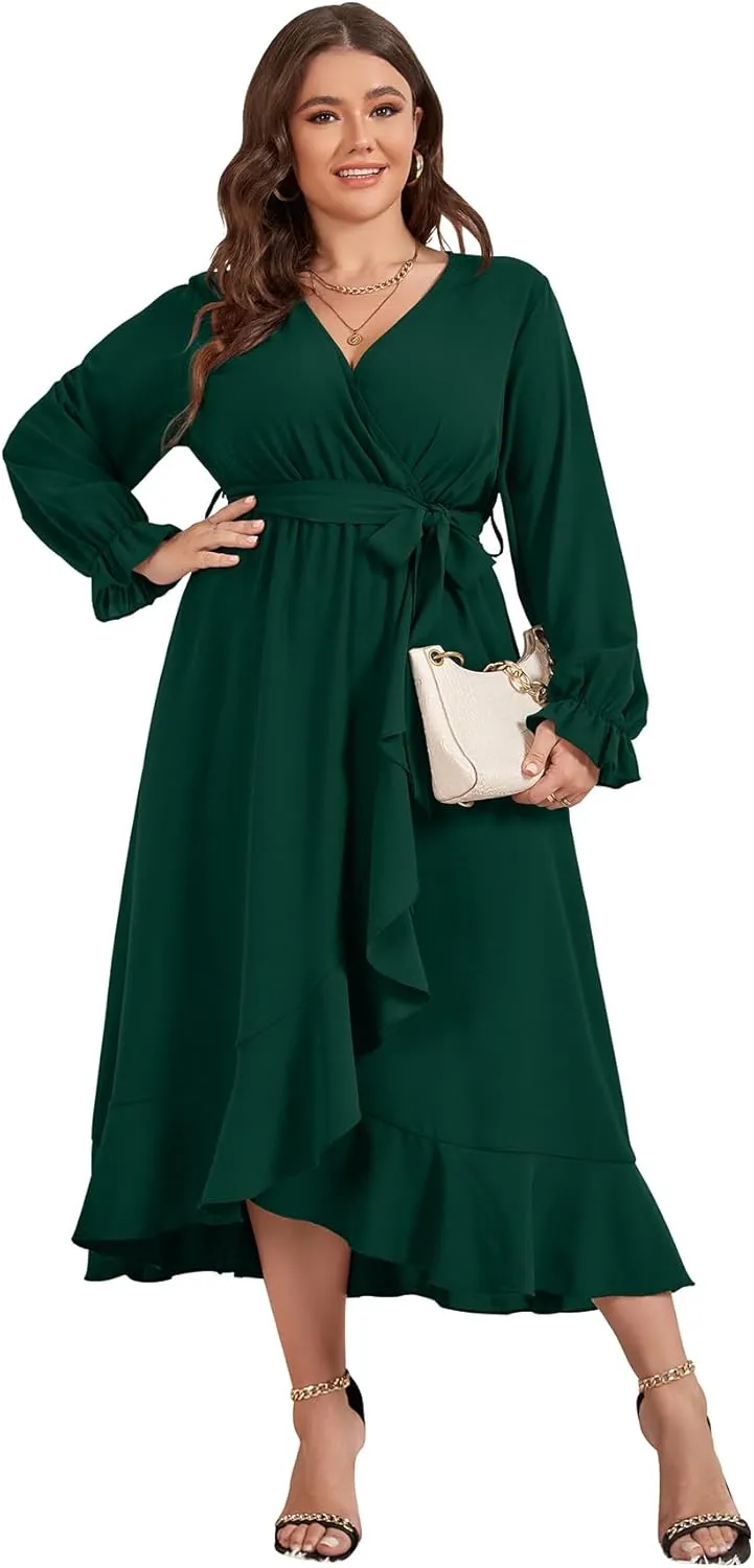 SCOMCHIC Women Plus Size Wedding Guest Maxi Dress Long Sleeve Faux Wrap V Neck High Low Ruffle Cocktail Dress with Belt