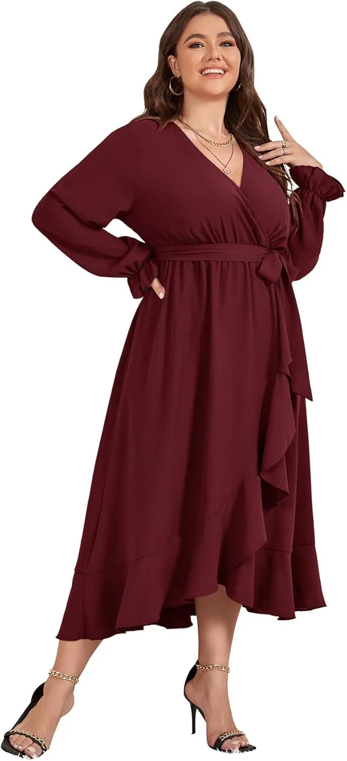 SCOMCHIC Women Plus Size Wedding Guest Maxi Dress Long Sleeve Faux Wrap V Neck High Low Ruffle Cocktail Dress with Belt
