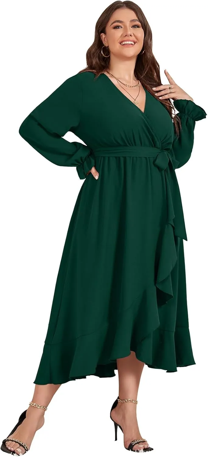 SCOMCHIC Women Plus Size Wedding Guest Maxi Dress Long Sleeve Faux Wrap V Neck High Low Ruffle Cocktail Dress with Belt
