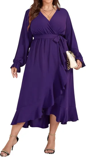 SCOMCHIC Women Plus Size Wedding Guest Maxi Dress Long Sleeve Faux Wrap V Neck High Low Ruffle Cocktail Dress with Belt