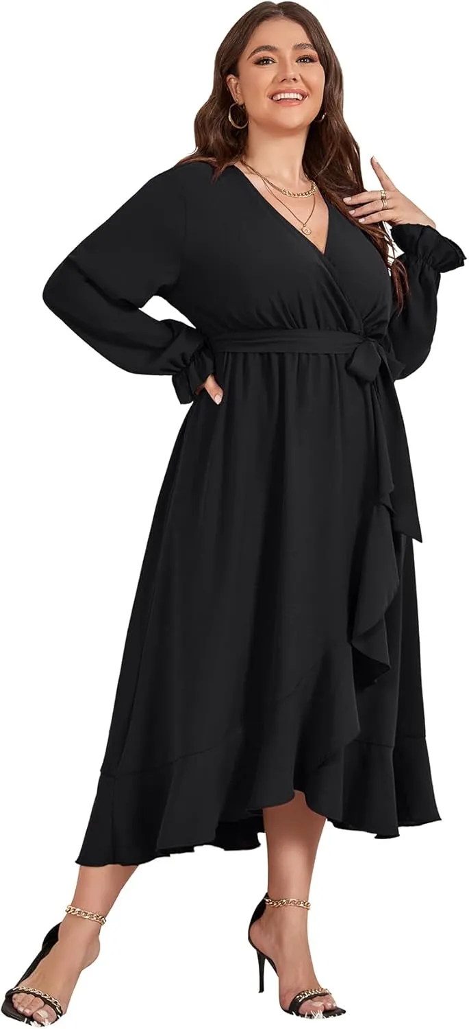 SCOMCHIC Women Plus Size Wedding Guest Maxi Dress Long Sleeve Faux Wrap V Neck High Low Ruffle Cocktail Dress with Belt