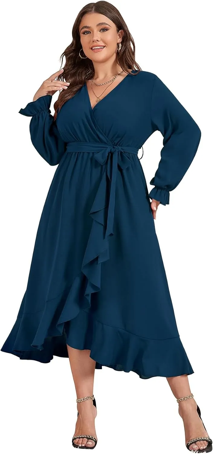 SCOMCHIC Women Plus Size Wedding Guest Maxi Dress Long Sleeve Faux Wrap V Neck High Low Ruffle Cocktail Dress with Belt