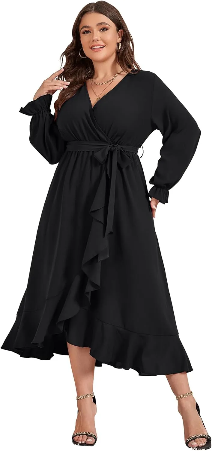 SCOMCHIC Women Plus Size Wedding Guest Maxi Dress Long Sleeve Faux Wrap V Neck High Low Ruffle Cocktail Dress with Belt