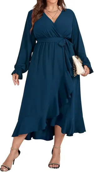 SCOMCHIC Women Plus Size Wedding Guest Maxi Dress Long Sleeve Faux Wrap V Neck High Low Ruffle Cocktail Dress with Belt