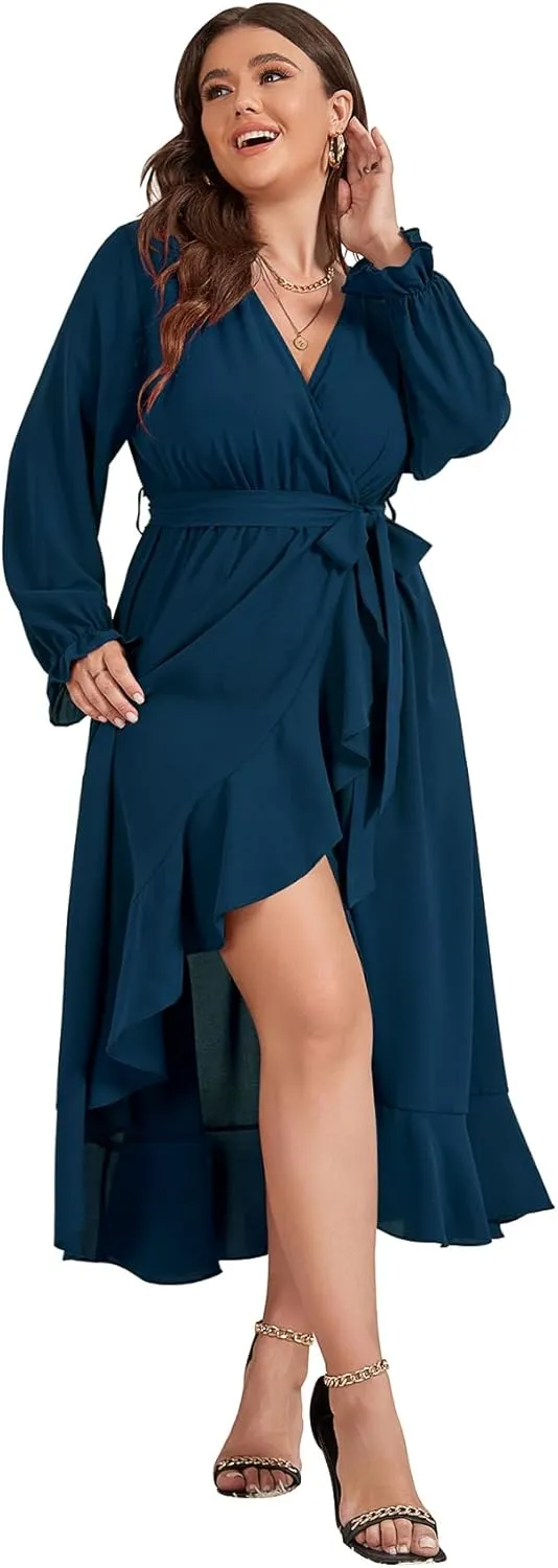 SCOMCHIC Women Plus Size Wedding Guest Maxi Dress Long Sleeve Faux Wrap V Neck High Low Ruffle Cocktail Dress with Belt