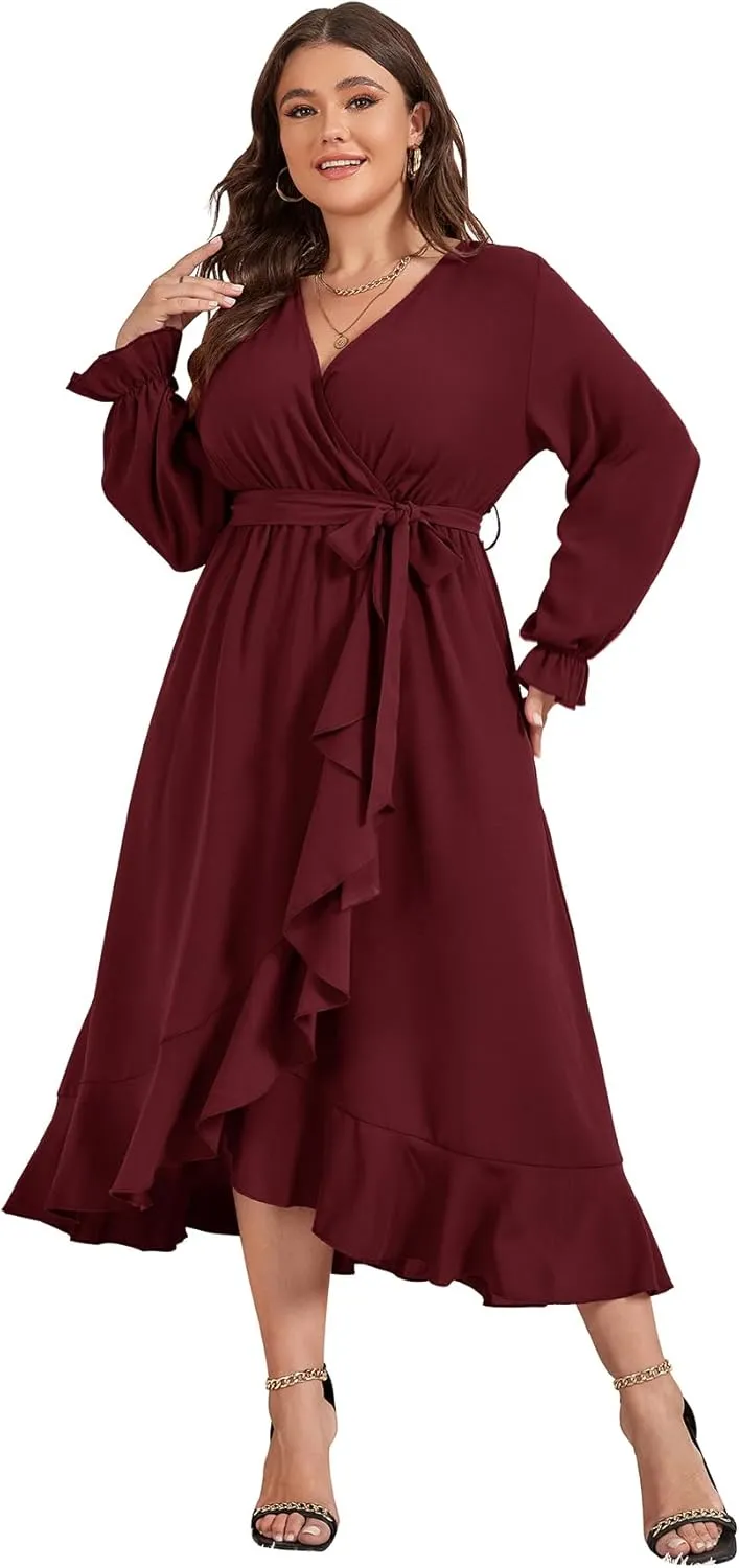 SCOMCHIC Women Plus Size Wedding Guest Maxi Dress Long Sleeve Faux Wrap V Neck High Low Ruffle Cocktail Dress with Belt