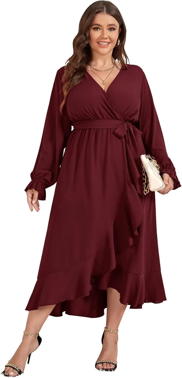 SCOMCHIC Women Plus Size Wedding Guest Maxi Dress Long Sleeve Faux Wrap V Neck High Low Ruffle Cocktail Dress with Belt