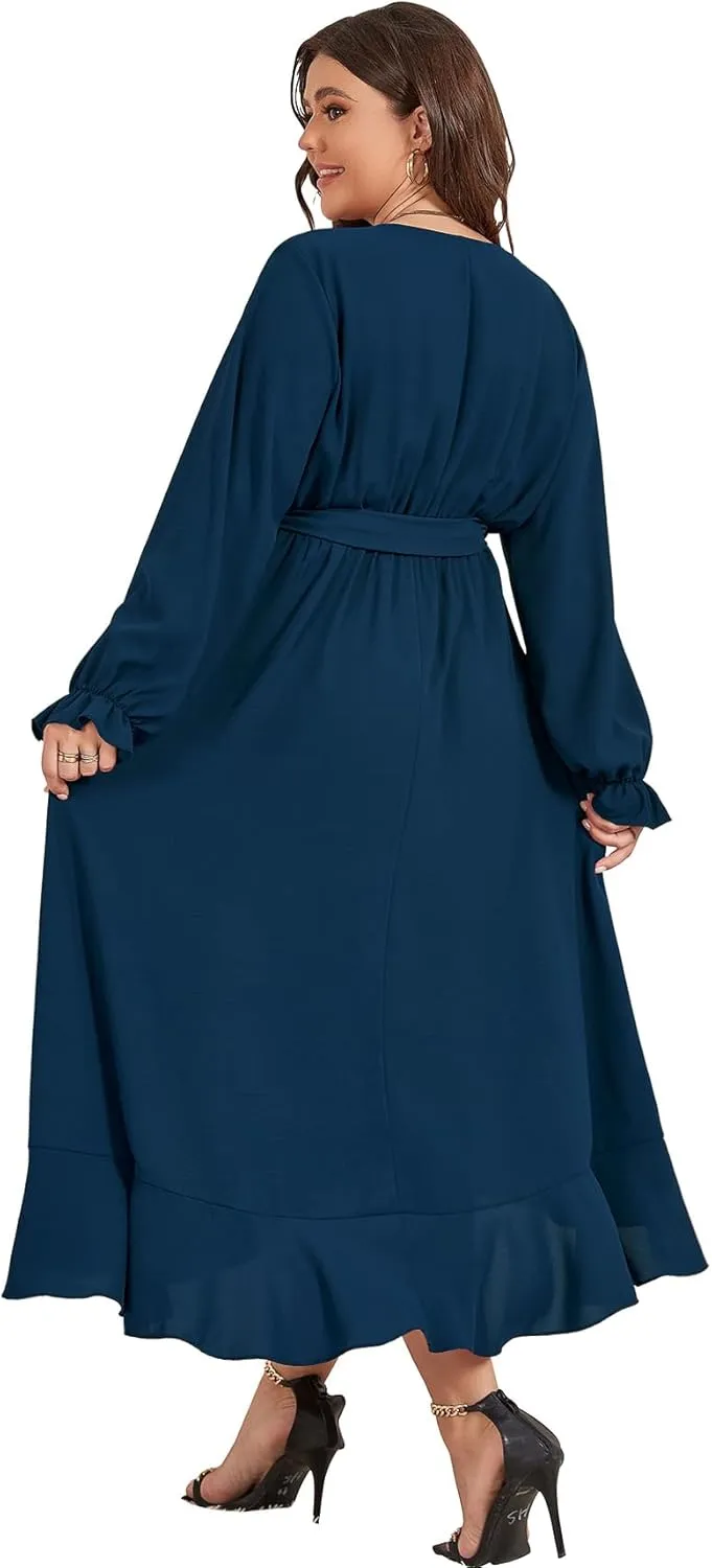 SCOMCHIC Women Plus Size Wedding Guest Maxi Dress Long Sleeve Faux Wrap V Neck High Low Ruffle Cocktail Dress with Belt