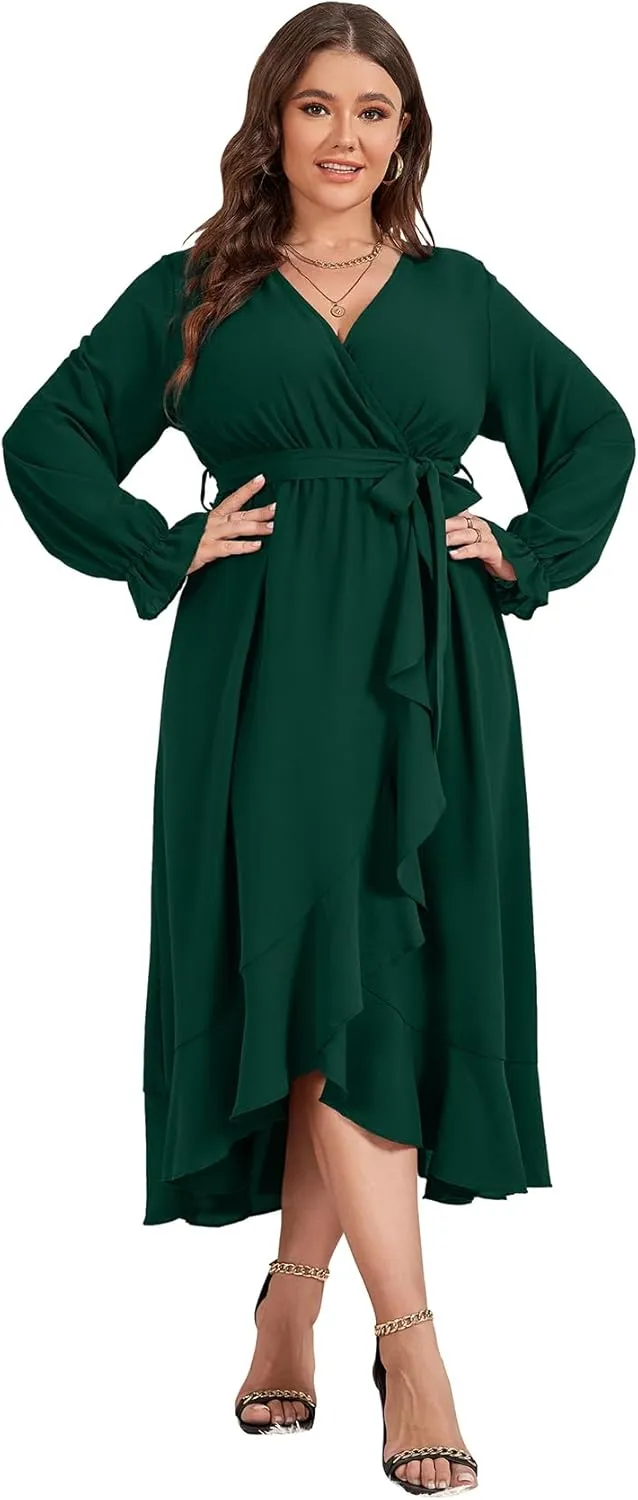 SCOMCHIC Women Plus Size Wedding Guest Maxi Dress Long Sleeve Faux Wrap V Neck High Low Ruffle Cocktail Dress with Belt