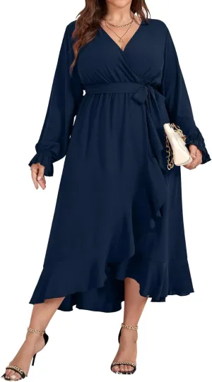 SCOMCHIC Women Plus Size Wedding Guest Maxi Dress Long Sleeve Faux Wrap V Neck High Low Ruffle Cocktail Dress with Belt