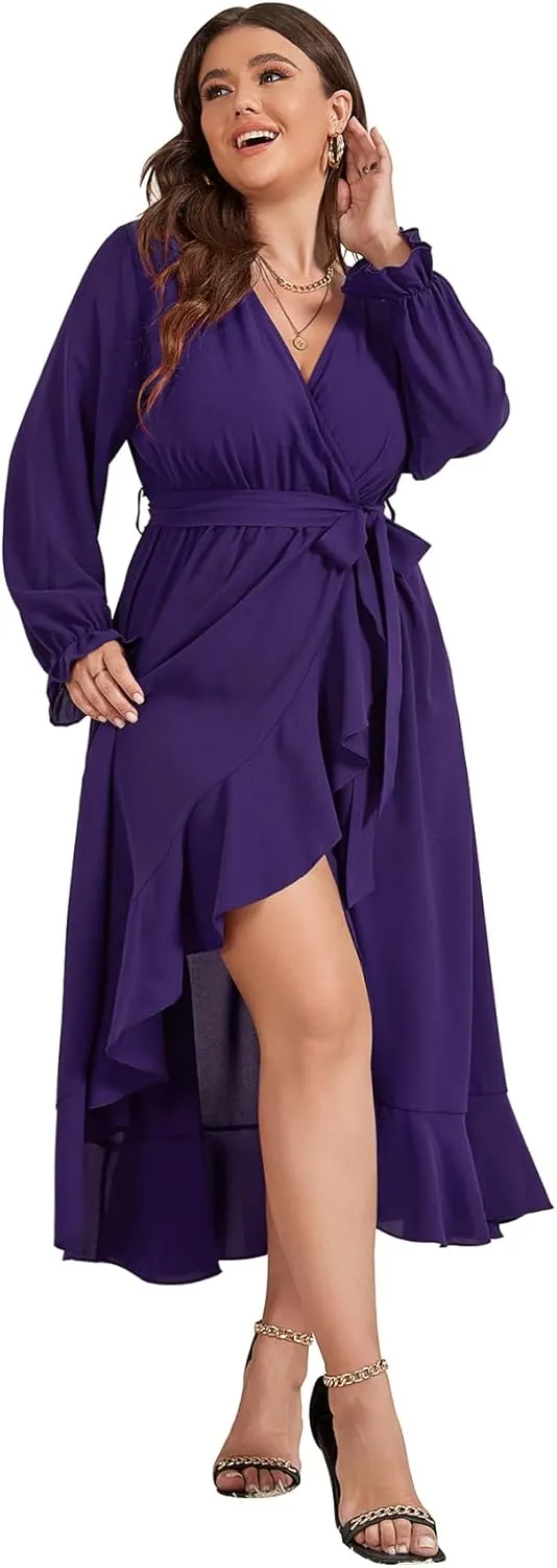 SCOMCHIC Women Plus Size Wedding Guest Maxi Dress Long Sleeve Faux Wrap V Neck High Low Ruffle Cocktail Dress with Belt
