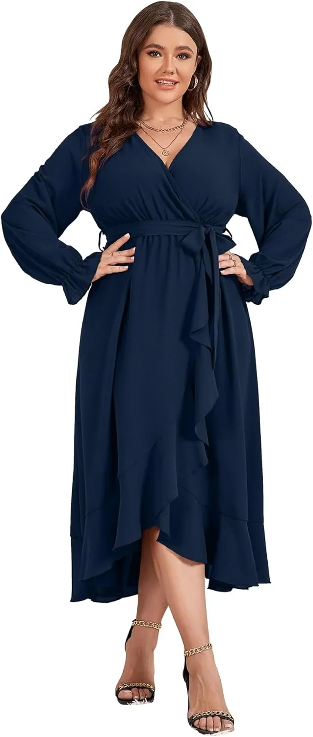 SCOMCHIC Women Plus Size Wedding Guest Maxi Dress Long Sleeve Faux Wrap V Neck High Low Ruffle Cocktail Dress with Belt