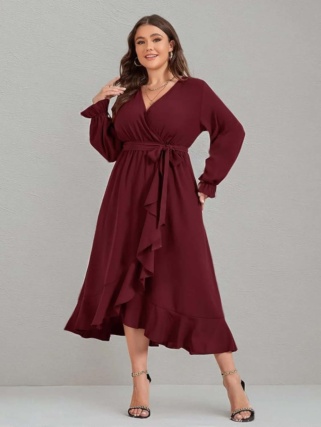 SCOMCHIC Women Plus Size Wedding Guest Maxi Dress Long Sleeve Faux Wrap V Neck High Low Ruffle Cocktail Dress with Belt